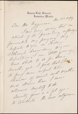 Ednah Dow Cheney autograph letter signed to Thomas Wentworth Higginson, Jamaica Plain, Mass., 23 December 1894