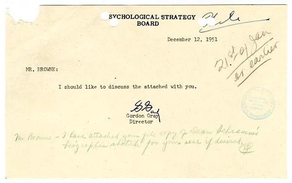 Letter from Gordon Gray to Mallory Browne re Wilbur Schramm, with Attachment