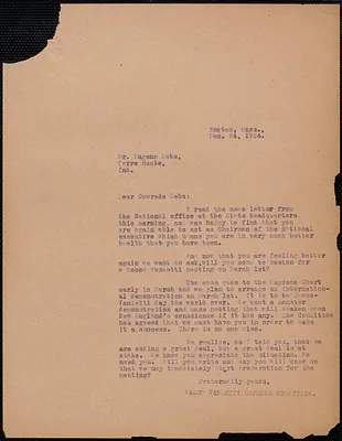 Sacco-Vanzetti Defense Committee typed letter (copy) to Eugene V. Debs, Boston, Mass., December 24, 1924