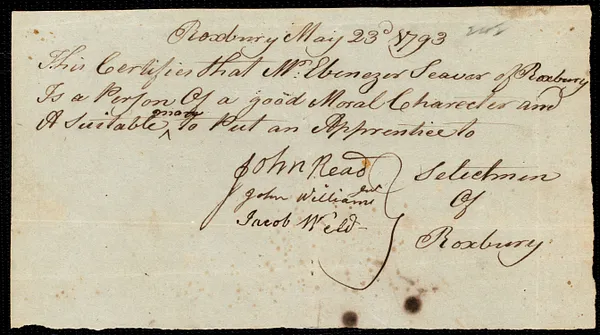 Ann Cooney indentured to apprentice with Ebenezer [Eben] Seaver of Roxbury, 19 August 1793