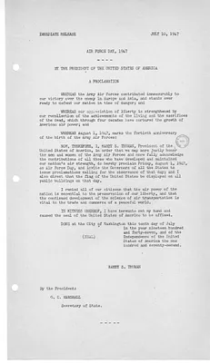 Press Release, Proclamation 2737, Air Force Day