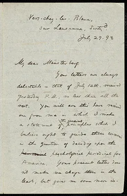 James, William, 1842-1910 autograph letter signed to Hugo Münsterberg, Vers-chez-les-Blanc, Switz., 29 July 1893