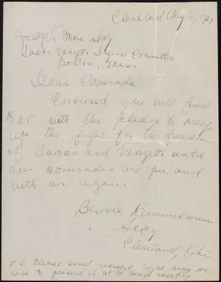 Bessie Kimmelman (Sacco-Vanzetti Defense Committee, Cleveland) autograph note signed to Joseph Moro (Sacco-Vanetti Defense Committee), Cleveland, Ohio, August 16, 1927