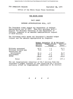 Defense Appropriations Bill, 1977 [Fact Sheet]