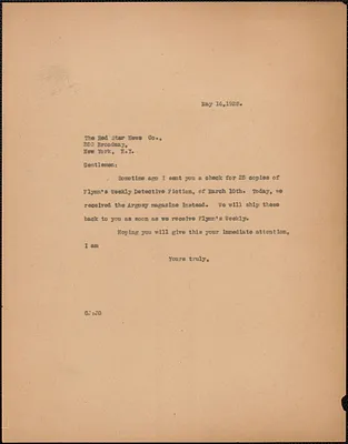 Gardner Jackson typed note (copy) to The Red Star News Co. [Boston Mass.], May 16, 1928