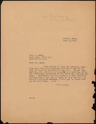 Mary Donovan typed note (copy) to George A. Ward, Boston, Mass., June 27, 1927