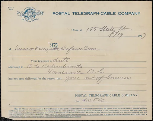 Postal Telegraph-Cable Company printed form to Sacco-Vanzetti Defense Committee, Boston, Mass., August 19, 1927