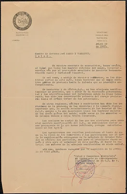 Enrique Rangel (Confederacion General De Trabajadores) typed letter signed, in Spanish, to Sacco-Vanzetti Defense Committee, Mexico, July 19, 1927