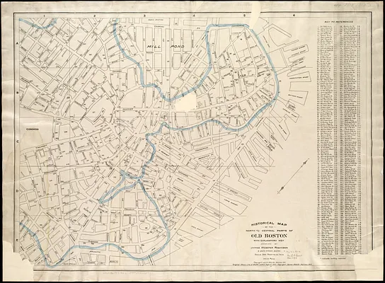 Historical map of the north and central parts of Old Boston with explanatory key