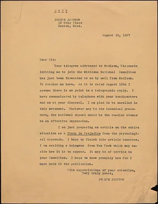 Joseph Jastrow typed letter (copy) to [Thomas O'Connor, Citizens National Committee for Sacco and Vanzetti], Boston, Mass., August 18, 1927