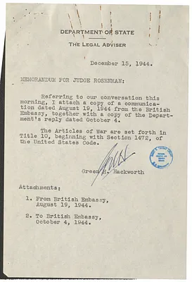 Memorandum from Green Hackworth to Samuel Rosenman with Attachments