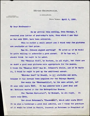 Reisinger, Hugo, 1856-1914 typed letter signed to Hugo Münsterberg, New York, 09 April 1909