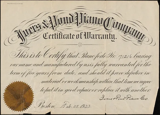 Certificate of warranty from Ivers & Pond Piano Company