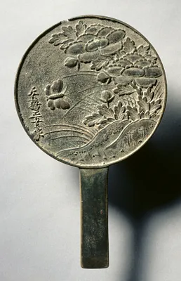 Mirror with Handle, Decorated with a Butterfly and Blooming Peony