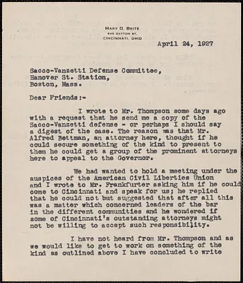 Mary Brite typed letter signed to Sacco-Vanzetti Defense Committee, Cincinnati, Ohio, April 24, 1927