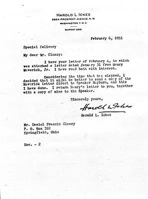 Letter from Harold Ickes to Daniel F. Clancy, with Attachment