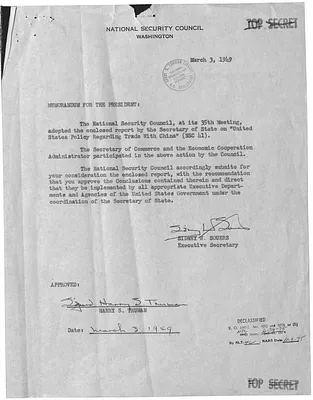 National Security Council Report 41, Report to the National Security Council by the Secretary of State on United States Policy Regarding Trade with China