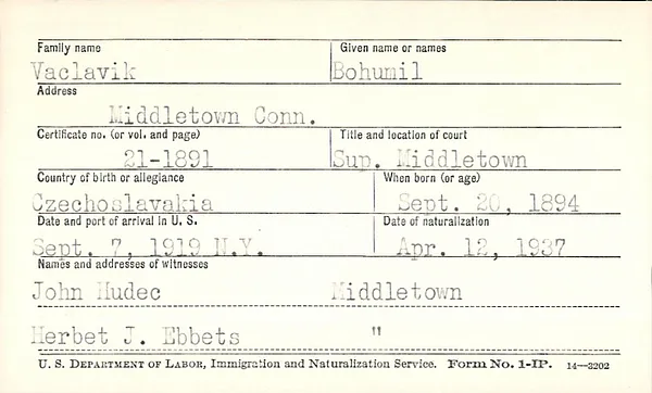 Naturalization Index, Middlesex Superior Court, 1844-1955, Vaclavik-Zywociewski