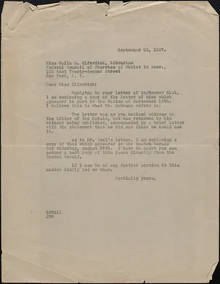 Creighton J. Hill typed letter (copy) to Calla M. Elferdink (Federal Council of Churches of Christ in America), Boston, Mass., September 22, 1927