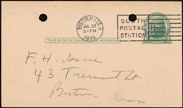 E[lizabeth] G[lendower] Evans autograph note signed (postcard) to F[red] H. Moore, Boston, Mass., July 27, 1924