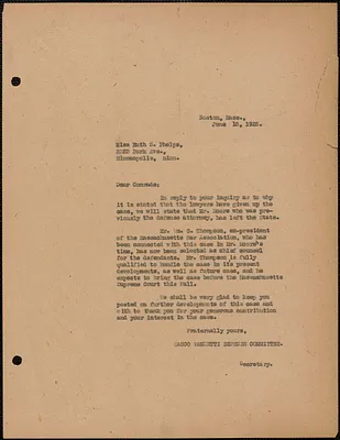 Sacco-Vanzetti Defense Committee typed letter (copy) to Ruth S. Phelps, Boston, Mass., June 18, 1925