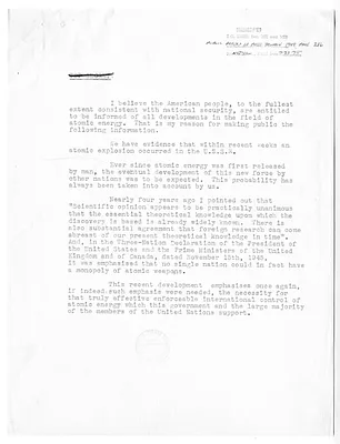 Drafts of Statement by President Harry S. Truman