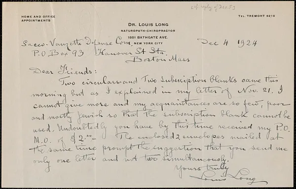 Louis Long autograph letter signed to Sacco-Vanzetti Defense Committee, New York, N.Y., December 4, 1924
