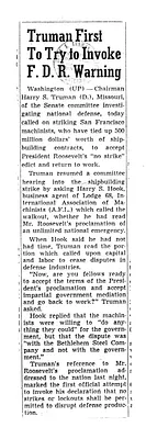 Newspaper Clipping, "Truman First to Try to Invoke F.D.R. Warning"