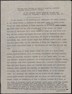 Typed document, Boston, Mass., August 23, [1934]: Extract from remarks of Roger N. Baldwin, Director, American Civil Liberties Union