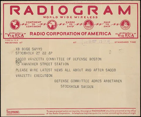 Svenska Sacco-Vanzetti Försvarskommitten. telegram to Sacco-Vanzetti Defense Committee, Stockholm, Sweden, August 22, 1927