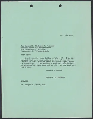 Herbert Brutus Ehrmann Papers, 1906-1970. Sacco-Vanzetti. Correspondence re: 1960 edition of The Untried Case. Box 3, Folder 12, Harvard Law School Library, Historical & Special Collections