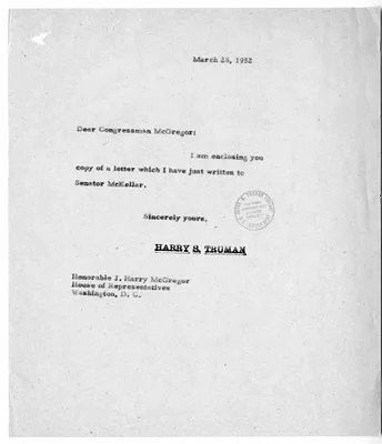 Letter from President Harry S. Truman to Congressman J. Harry McGregor
