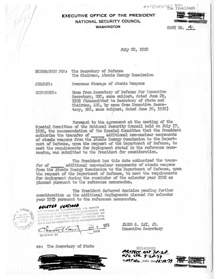 Memorandum from James Lay to Secretary of Defense Robert Lovett and the Chairman of the Atomic Energy Commission, with Related Material