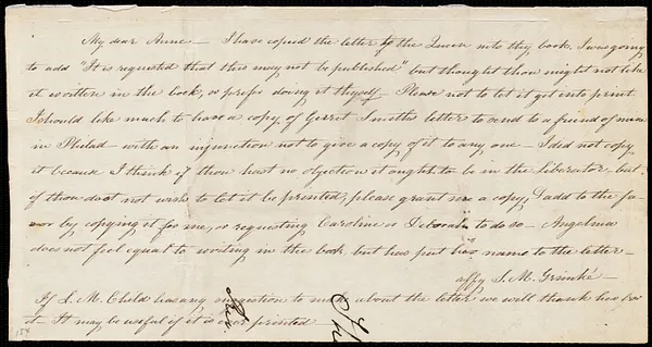 Letter from Sarah Moore Grimké, to Anne Warren Weston, [1837]