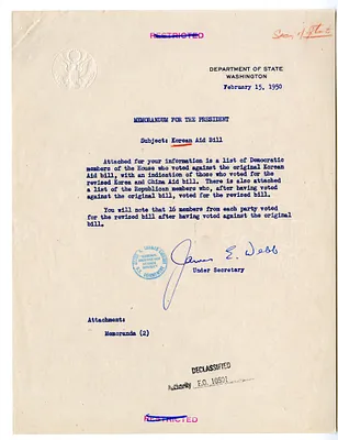 Memorandum from Under Secretary of State James Webb to President Harry S. Truman, with Attachment