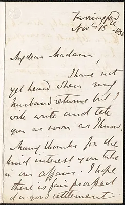 Emily Tennyson autograph letter signed to Mrs. Gatty, Farringford, [Isle of Wight], 15 November 1858