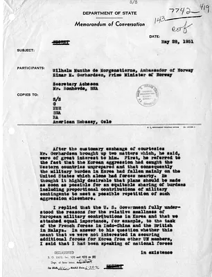 Memorandum of Conversation with Secretary of State Dean Acheson, Ambassador of Norway Wilhelm Munthe de Morgenstierne, Prime Minister of Norway Einar Gerhardsen, and Andreas G. Ronhovde