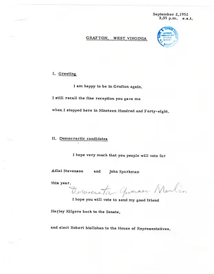 Reading Copy, Speech of President Harry S. Truman, Grafton, West Virginia