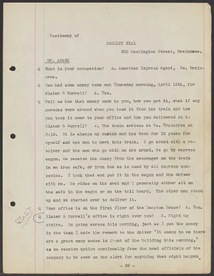 Sacco-Vanzetti Case Records, 1920-1928. Defense Papers. Transcript of Inquest, pages 52-59: Testimony of Shelley Neal, April 1921. Box 4, Folder 19, Harvard Law School Library, Historical & Special Collections