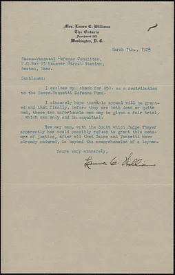 Laura C. Williams typed letter signed to Sacco-Vanzetti Defense Committee, Washington, D.C., March 7, 1925