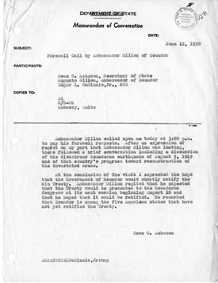 Memorandum of Conversation with Secretary of State Dean Acheson, Ambassador Ecuador Augusto Dillon, and Edgar L. McGinnis, Jr.