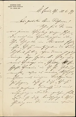 Nies, Konrad, 1861-1921 autograph letter signed to Hugo Münsterberg, St. Louis, Mo., 30 June 1899