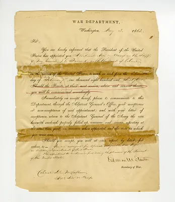 Letter Appointing Daniel Craig McCallum as Aide-de-Camp on the Staff of Major General John C. Frémont, May 3, 1862