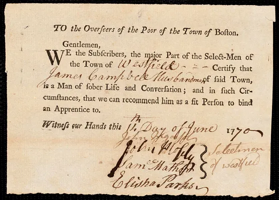 Andrew Dunn indentured to apprentice with James Campbell of Westfield, 6 June 1770