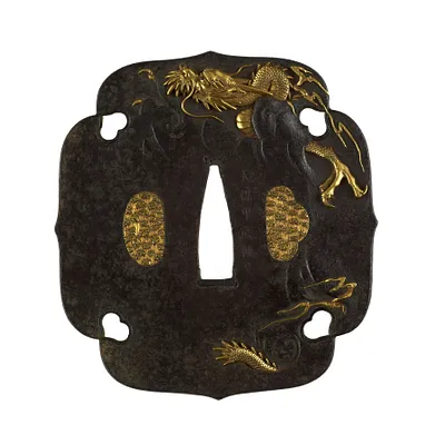 Tsuba with Dragon Ascending Through Clouds