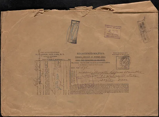 Försvarskomtien for Sacco-Vanzetti envelope addressed to Sacco-Vanzetti Defense Committee, Oslo, Norway, November 19-20, 1928