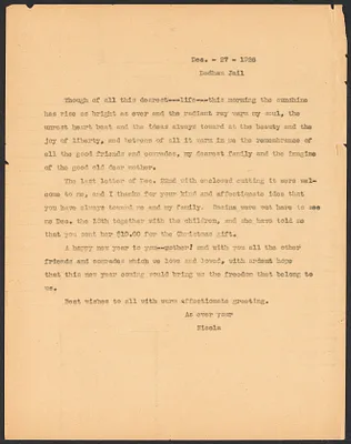 Sacco-Vanzetti Case Records, 1920-1928. Correspondence. Nicola Sacco to Mrs. Jessica Henderson, Dec. 27, 1926. Box 38, Folder 35, Harvard Law School Library, Historical & Special Collections