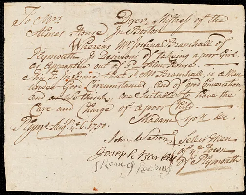 Elizabeth Timberlake indentured to apprentice with Joshua Bramhall of Plymouth, 13 August 1750