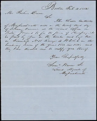 Samuel Warner to Joshua Dunn, 4 February 1852