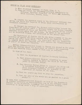 [Citizens National Committee for Sacco and Vanzetti] typed document (copy), [July-August 1927]: Notice to trade union officials